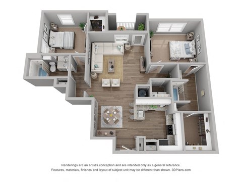 Floor plan for 2 beds, 2 baths, 1309 sqft